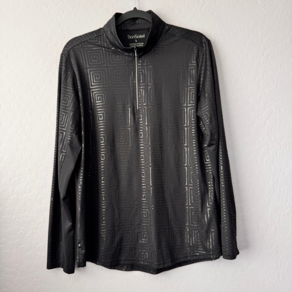 SanSoleil Large Quarter Zip Top Black Long Sleeve UPF50 Geometric Square Pattern